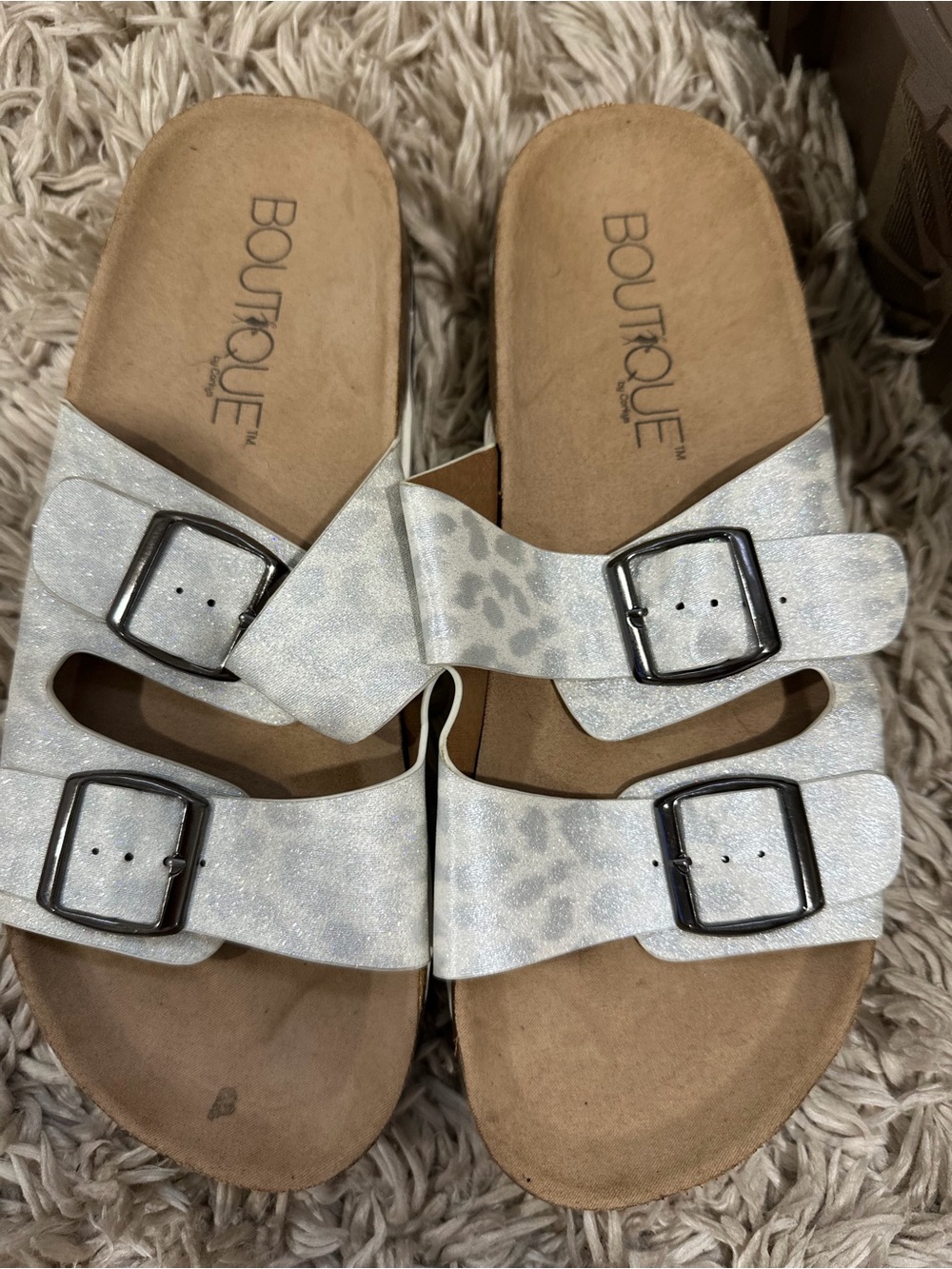 Boutique Women's White Shimmer Double-Buckle Slide Sandals